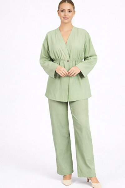 Marjinal Γυναικείο Σετ Παντελόνι και Σακάκι από Μουσελίνα με Ελαστική Μέση