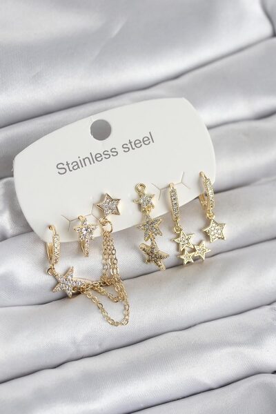 Skygo 316L Çelik Gold Renk 6'lı Set Zincirli Yıldız Modelli Kadın Küpe TJ-BKP...