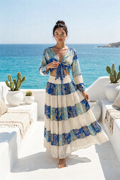 laviyonsa Αυθεντικό 100% μεταξωτό σετ φούστας και μπολερό με έθνικ σχέδια 36-...