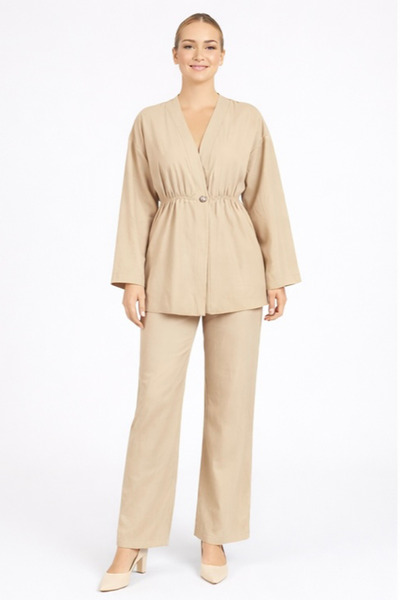 Marjinal Women's Muslin Elastic Waist Pants and Jacket Set