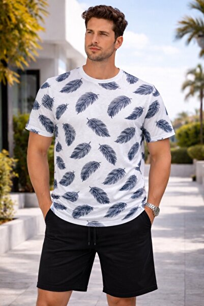 orwen life est. 2022 Ανδρικό μπλουζάκι με σχέδιο λευκών φύλλων, μαύρο σορτς, ...