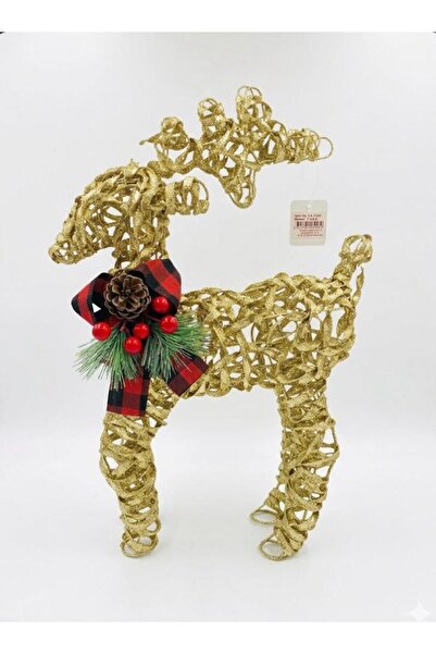 HÜCO BAZAAR Dekoratif Işıklı 48Cm Telden Şerit Sarımlı Yılbaşı Geyik Christma...