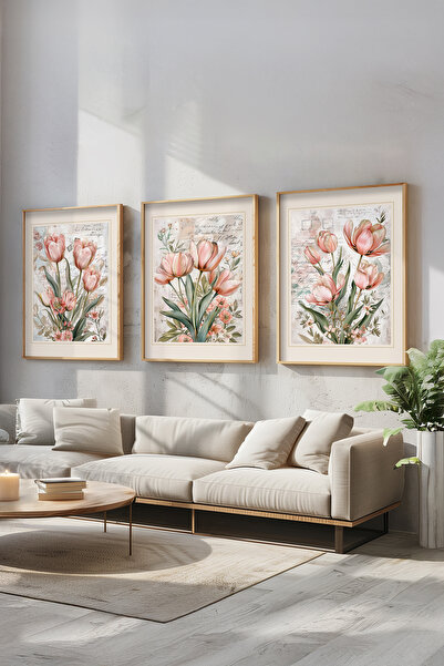 STARYUNA Σετ τριών πινάκων ζωγραφικής με ξύλινο πλαίσιο και θέμα λουλούδια κα...