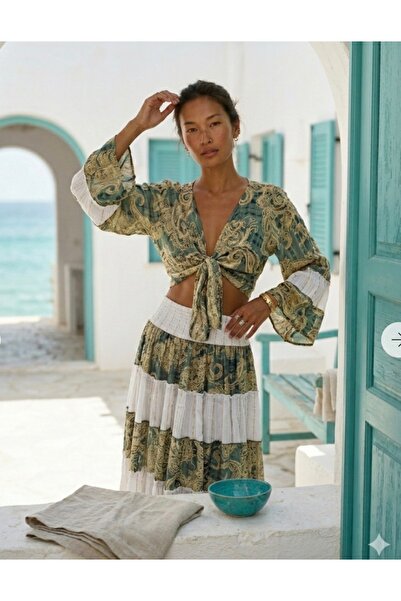 laviyonsa Αυθεντικό 100% μεταξωτό σετ φούστας και μπολερό με έθνικ σχέδια 36-...