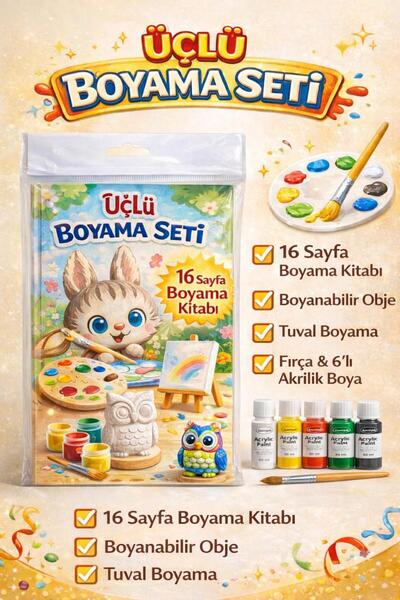 ÖZ KIRTASİYE Üçlü Boyama Seti Taş Obje-Boyama Kitabı-Tuval Boyama (hediyeli)
