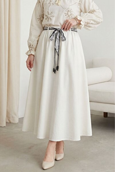 Modamorfo Λινή φούστα με ελαστική μέση και τσέπες - εκρού