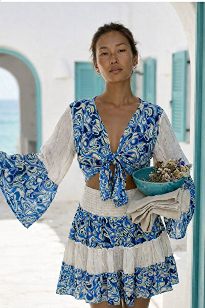 laviyonsa Μποέμ κοντή φούστα & Μπολερό Αυθεντικό μεταξωτό σετ STD 36-46 με λά...