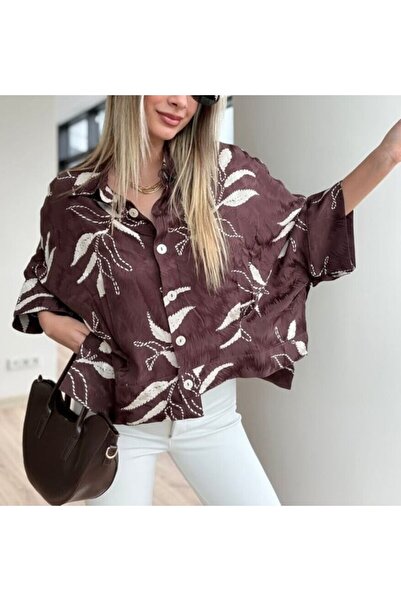 Lavanta Tekstil Πουκάμισο μεγάλου μεγέθους με σχέδιο φύλλων