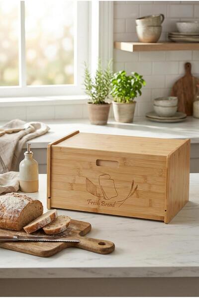 HSDemirci Natural Bamboo Bread Box with Lid & Natural Bamboo Bread Cabinet (2...