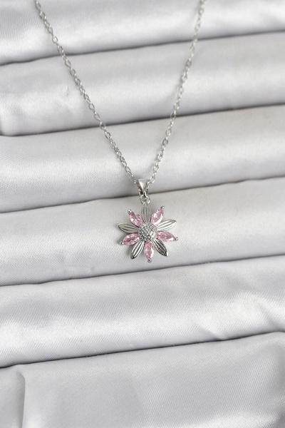 Clariss 316L Steel Chain Silver Color Pink Daisy Model Women's Necklace