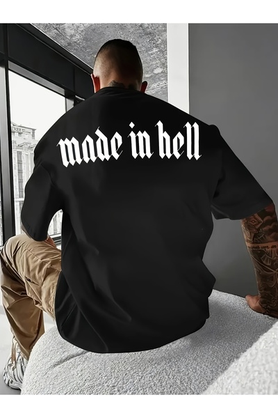 yiou trendy clothing تي شيرت رجالي أسود بطباعة على الظهر بتصميم "Made in Hell...