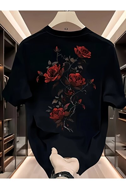 yiou trendy clothing تي شيرت رجالي أبيض بتصميم قوطي مع نقوش ورود سوداء وحمراء...