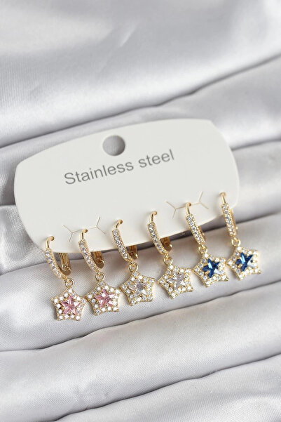 Clariss مجموعة من 6 أقراط نسائية على شكل نجمة من الفولاذ 316L مرصعة بحجر الزركون