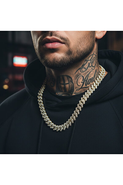 GLSVM Unisex Cuban Chain Gold Kolye - 10MM Iced Out Parlak Zirkon Taşlı Çelik...