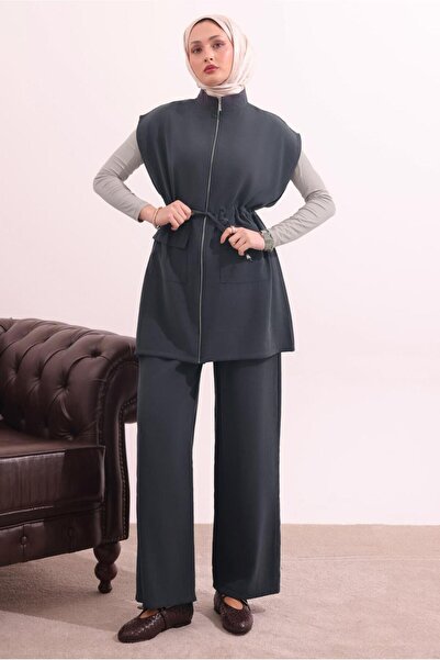 TRENDTESETTÜR KADIN GRİ (ANTRESİT) BELİ BAĞCIKLI PANTOLONLU TAKIM T 7817