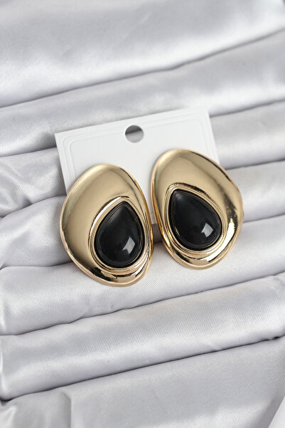Nehir Stylish Brass Gold Color Black Stone Drop Model Vintage Women's Earring...