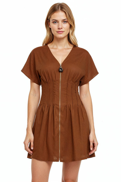 Exquise Short Sleeve Waist-Fitted Linen Regular Mini Dress