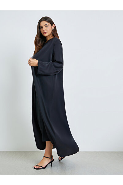 Amirah By Styli Black Front Open Abaya with Lace Trim