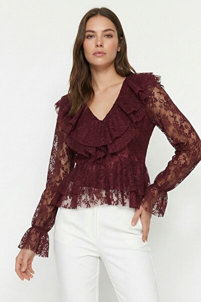 Rays Δαντελωτή μπλούζα με λαιμόκοψη V και βολάν μπροστά 8490