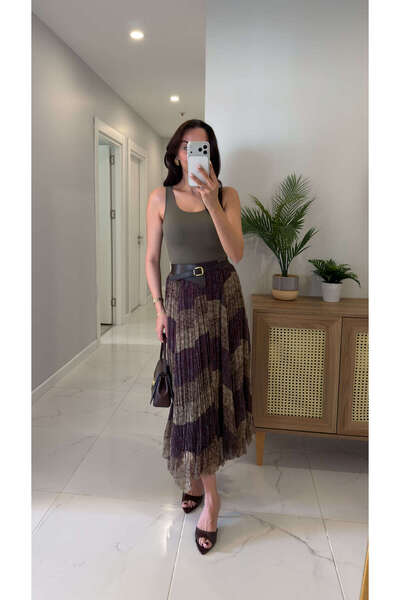 BİRCANÇİL Sioste Καφέ Φούστα με Πράσινη Ζώνη και Λεπτομερές Σχέδιο