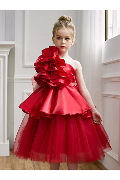 Take Two By Styli Girls One Shoulder Big Ruffled Flower Detail Mesh Party Dress