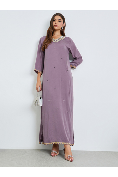 Amirah By Styli Purple Embroidered Beadwork Jalabiya