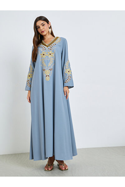 Amirah By Styli Blue Embroidered V Neck Jalabiya