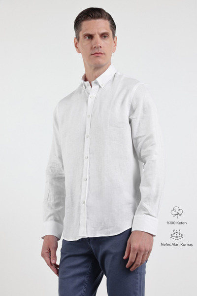 İmza Λευκό λινό πουκάμισο με κουμπιά στο γιακά, μακρύ μανίκι, χωρίς τσέπες, σ...