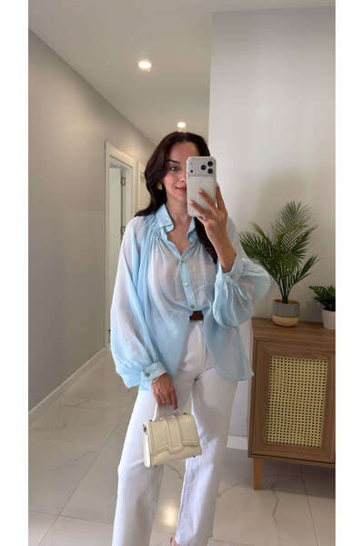 BİRCANÇİL Swersa Light Blue Transparent Oversized Shirt