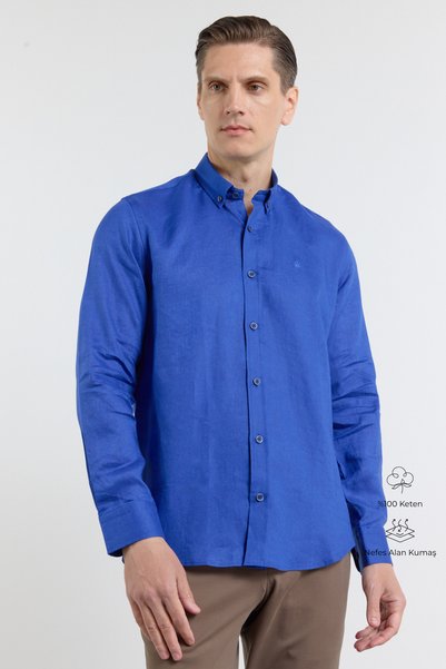 İmza Saks Linen Buttoned Collar Long Sleeve Slim Fit 100% Linen Shirt 1004260161