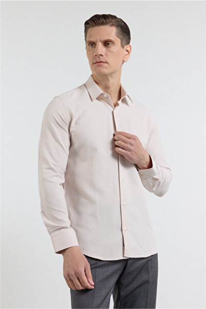 İmza Σκούρο μπεζ πουκάμισο με σκληρό γιακά, μακρύ μανίκι, χωρίς τσέπες, στενή...