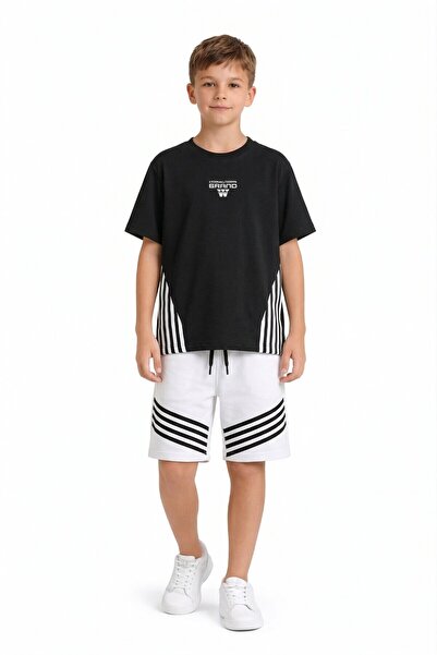 Cansın Mini Μπλουζάκι με μαύρο ριγέ σχέδιο και λογότυπο, σετ με σορτς για αγό...
