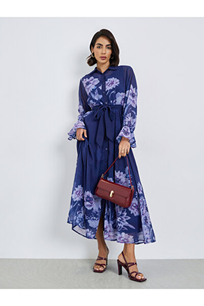 Styli Blue Floral Maxi Dress with Tie-Belt