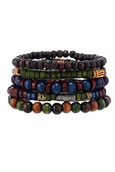 Basic Outfitters Σετ 5 ανδρικών βραχιολιών από φυσικές χάντρες – Στυλ Boho Vi...