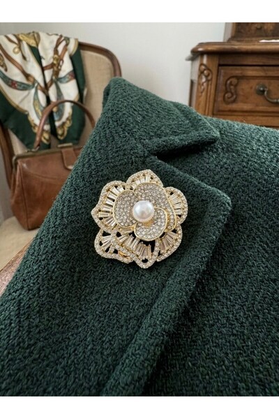 Retrobird Tasarım Vintage Kamelya Çiçeği Broş Yaka İğnesi Kadın Altın Renkli