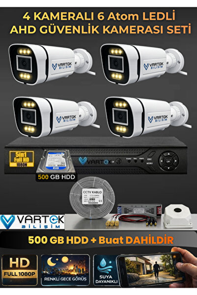 VARTEK BİLİŞİM 4 Kameralı 6 Atom Led Gece Renkli Görüşlü Güvenlik Kamerası Se...