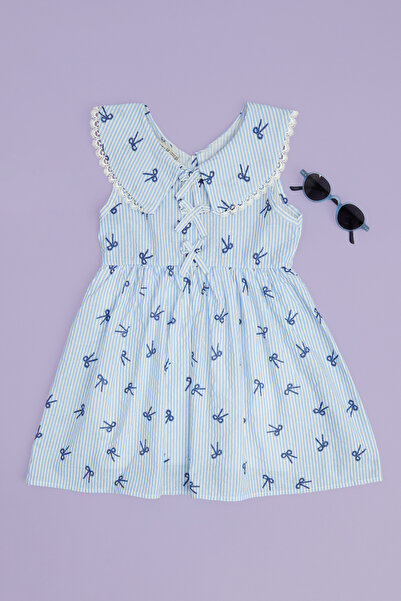 Fulla Moda Φόρεμα για κορίτσια με φιόγκο, ριγέ δαντέλα και γιακά μωρού