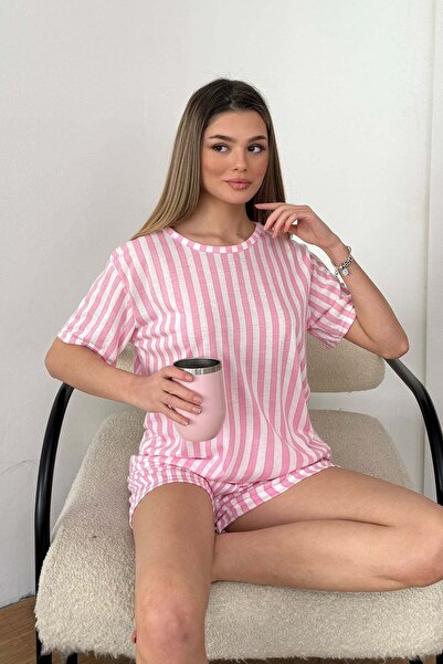 GİYSA Γυναικείο Σετ Πιτζάμες με Ριγέ Σορτς και Λαιμόκοψη Ποδηλάτου Ροζ - 26Y ...