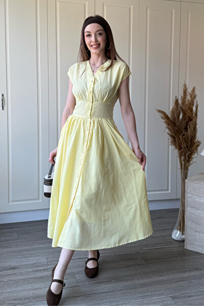 Dilay Gökoğlu Butik Φόρεμα μίντι με λαιμόκοψη V και βολάν στη μέση, σε κίτριν...