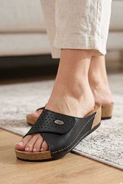 Polaris Γυναικείες Μαύρες Ανατομικές Παντόφλες με Τακούνι και Σόλα από Φελλό ...