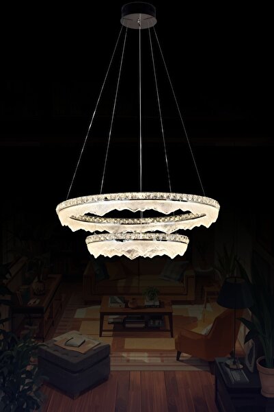 RONİSU AYDINLATMA Diora Lüks Modern Kristal Led Avize 2 Katlı Salon Sarkıt Ay...