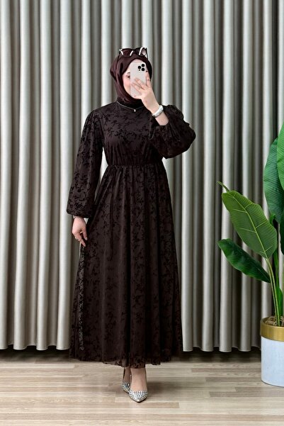 mercan moda BELİZ ELBİSE Likralı Flok Kumaş Kadın Kahverengi Kadife Desenli K...
