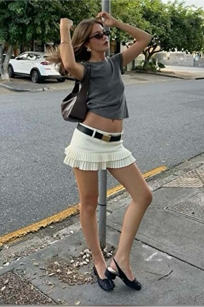 Madmext Εκρού Μίνι Φούστα με Πιέτες και Χαμηλή Μέση MG2724