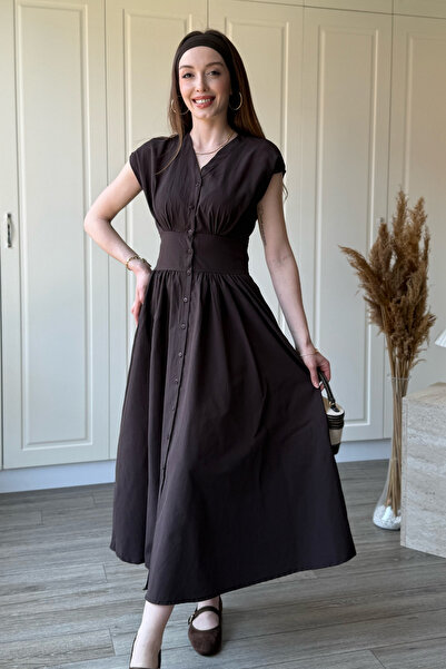 Dilay Gökoğlu Butik Φόρεμα με λαιμόκοψη V και βολάν στη μέση, μίντι καφέ χρώμα