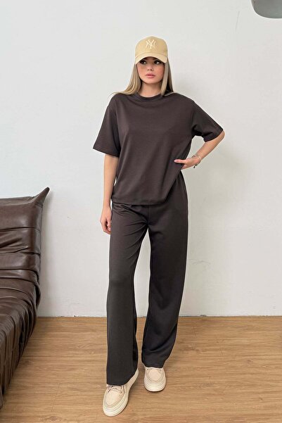 GİYSA Γυναικείο κοντομάνικο σετ με λαιμόκοψη ποδηλάτου, δύο τεμαχίων, καφέ - ...