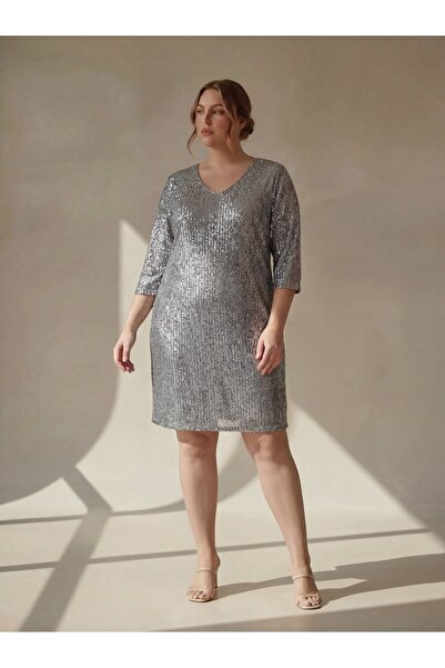 RMG Βραδινό φόρεμα με παγιέτες σε μεγάλο μέγεθος, ασημί