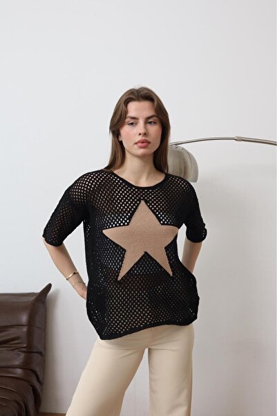 NEW JOURNAL Women's Black Star Detailed Mesh Knit Blouse Sn190