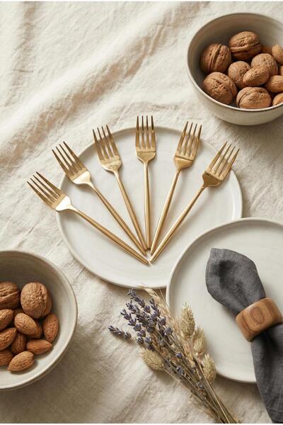 EASERA TİCARET Set of 6 Luxury Gold Stainless Steel Dessert Forks (16 cm)