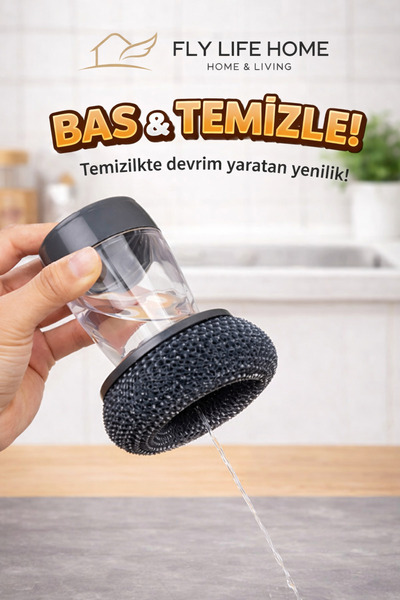 FLY LIFE Deterjan Hazneli Bulaşık Yıkama Süngeri, Paslanmaz Tel Pratik Bulaşı...