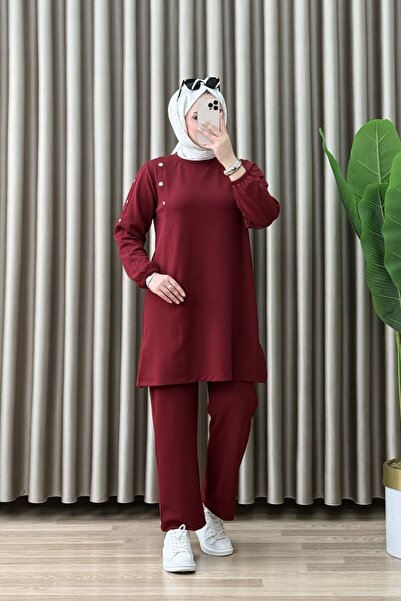 ALYA SÜMEYRA TAKIM Zara Krep Kumaş Kadın Bordo Kolları Lastikli Düğme Detaylı...